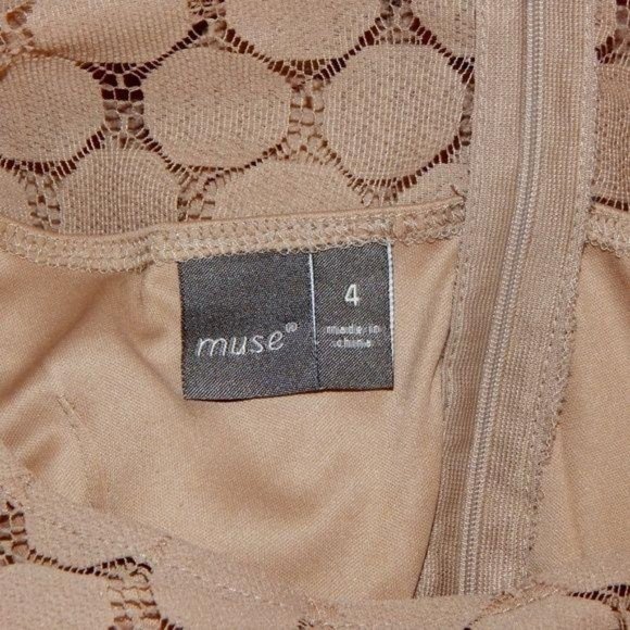 MUSE Nuetral Tan Polkadots Lace Bell Sleeves Mini Dress Retro - Picture 3 of 5